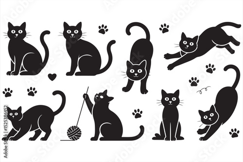 Charming black cat vector collection featuring dynamic poses, toys, paw prints, and hearts for creative pet and lifestyle design projects