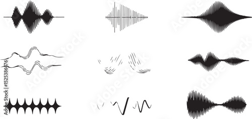 Techno-aesthetic waveform icons featuring rhythmic audio flows, oscillations, and frequency diagrams for modern UI and media design