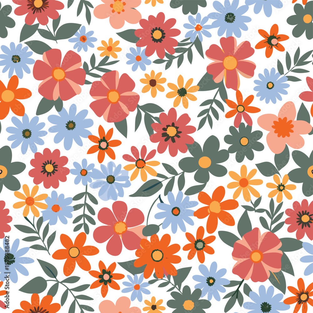 custom made wallpaper toronto digitalSeamless floral pattern featuring colorful blooming flowers and green leaves on white background.