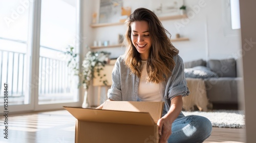 A happy young woman sits on her living room floor, smiling as she opens a long-awaited delivery.