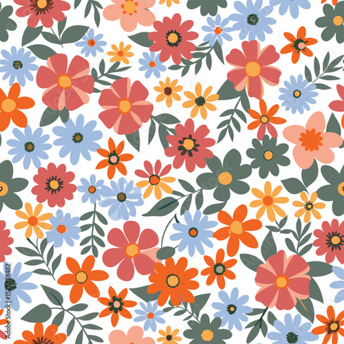 Wallpaper Mural Seamless floral pattern featuring colorful blooming flowers and green leaves on white background. Torontodigital.ca