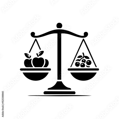 Vector logo of a weighing scale with balanced fruit bowls symbolizing health and nutrition.

