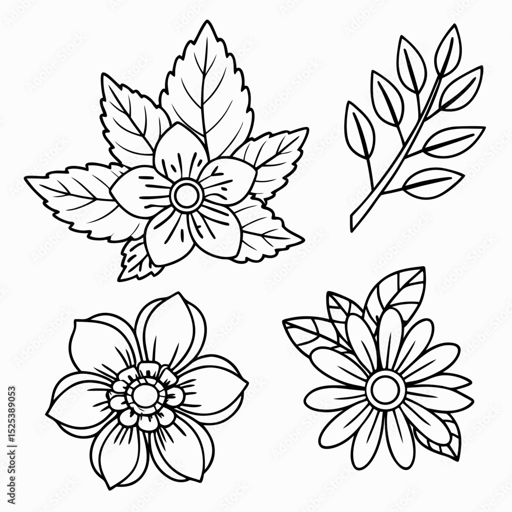 Fototapeta premium Simple black and white floral and leaf outlines for coloring or design purposes.