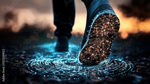 anti tracking on technology concept. A futuristic footstep creating a glowing digital pattern on the ground.