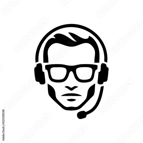 Minimalist icon of a male customer support agent wearing a headset and glasses. Flat vector symbol representing technical support or call center representative.



