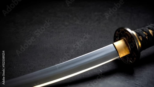 Wallpaper Mural Close-up of sheathed katana sword with traditional Japanese handle and tsuba placed on a textured dark surface. Torontodigital.ca