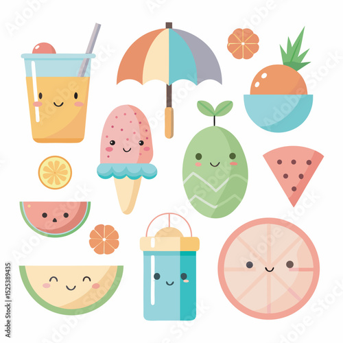 Cute summer fruit and drink kawaii icons