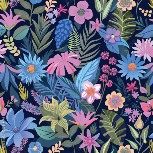 Vibrant floral seamless pattern in a moody palette of blues and pinks for design purposes