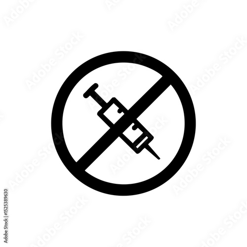 Vector logo of a syringe inside a prohibited circle, minimalist black on white. Black line icon of anti injection warning, representing restriction or ban.



