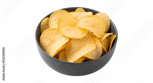 High-quality realistic image of crispy light yellow potato chips with golden brown spots, fried. Stacked in a dark gray round bowl from a top view, perfect for vector use.