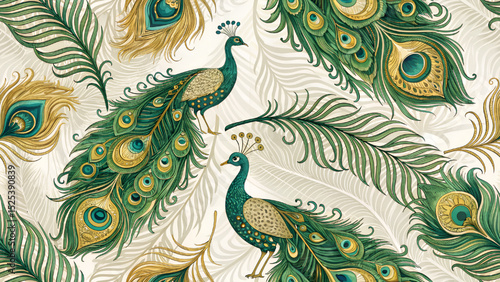 Seamless pattern, green and gold peacock feather pattern
