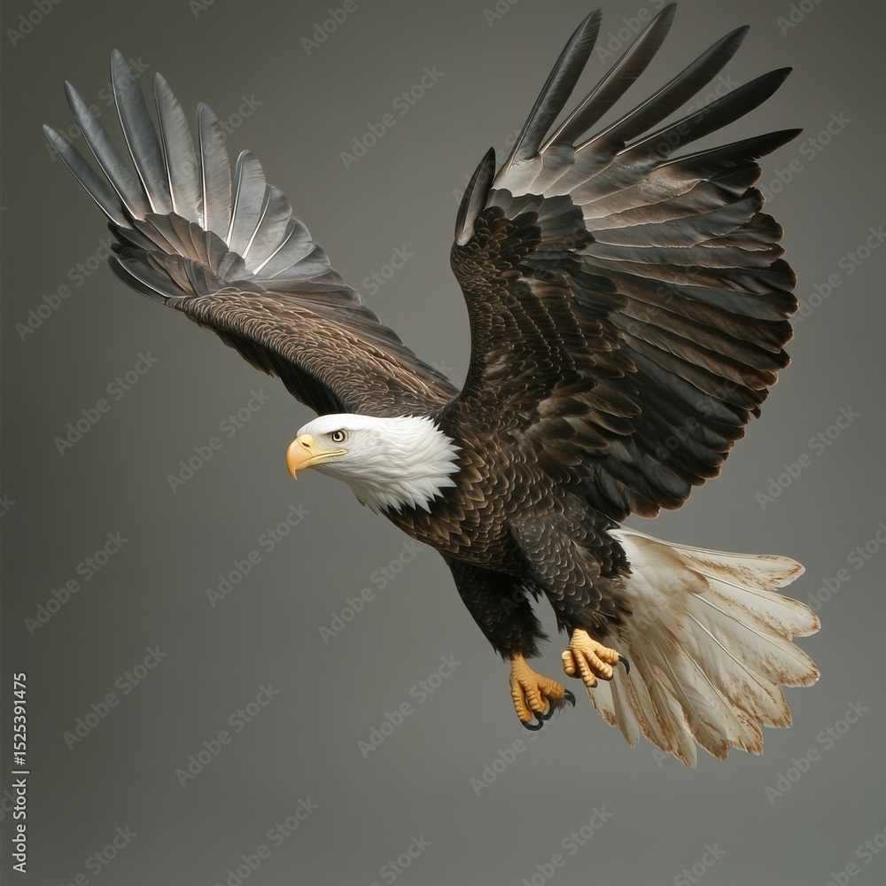 Obraz premium Majestic Bald Eagle in Soaring Flight: Detailed Portrait of a Bird of Prey with Wings Spread Against a Neutral Backdrop, Showcasing its Power and Freedom