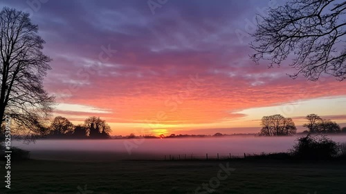 Colorful sunrise over a misty field