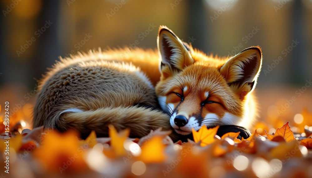 Obraz premium Sleeping fox curled up among autumn leaves in a tranquil forest setting