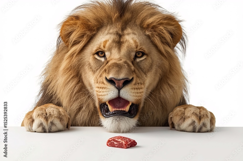 Obraz premium hungry lion, small food quantity, appetite, animal fight food, fierce expression, raw instinct, visual tension, food temptation, primal impulse, predator, table scene, food on table, white background,