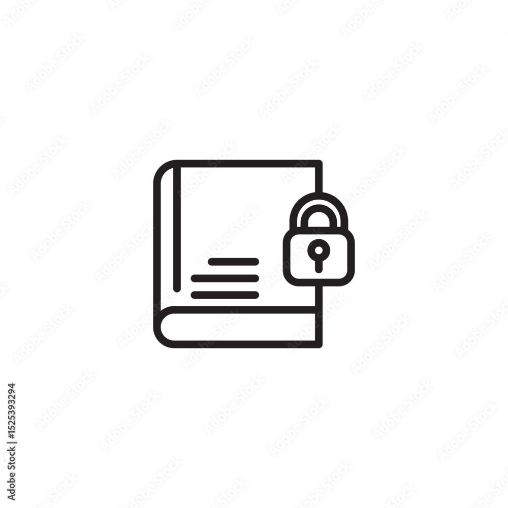 Obraz premium A simple black and white line art icon depicting a book with a padlock on its cover, symbolizing file security, data protection, or restricted access to information.