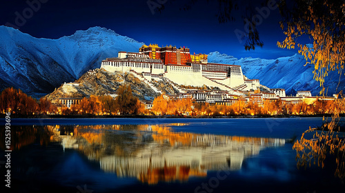 Potala Palace in Lhasa with snow mountain and water reflection, travel spot promotional image