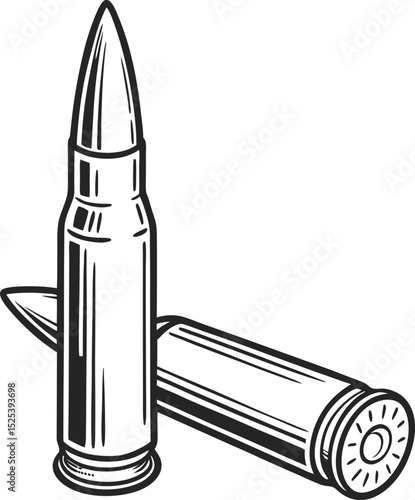 Brass bullets and ammunition cartridges for guns isolated on a white background, symbolizing military weapon danger