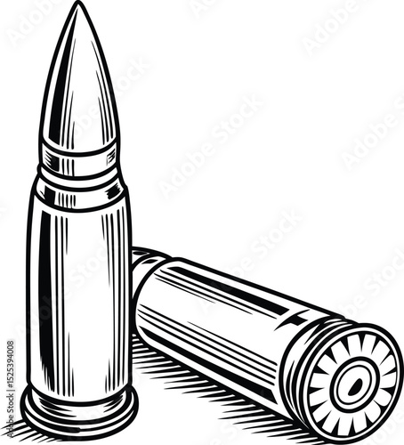A set of isolated gun bullets and ammunition on a white background, perfect for themes of war, military, and danger