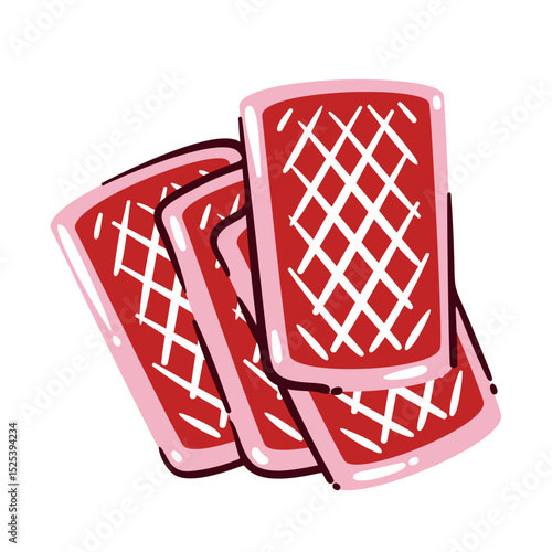 Set of red playing cards with criss-cross back design, shown in a fan layout. Fun pink western cartoon style. Colorful vector illustration for games, casino, cowboy party decor or stickers.