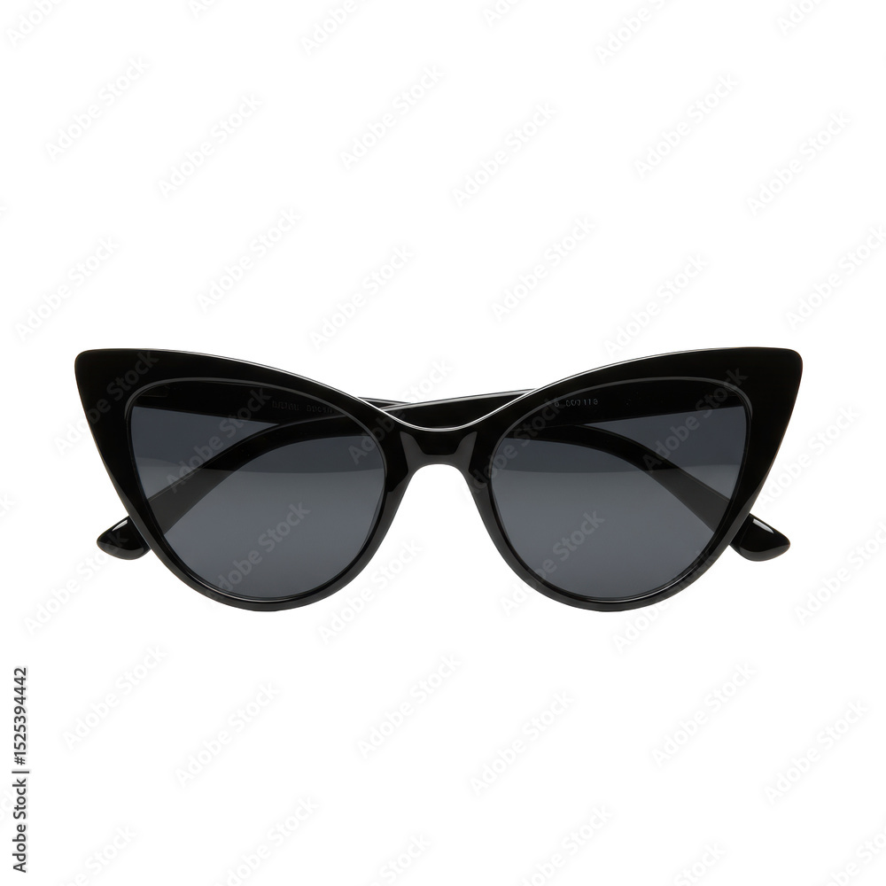 Exaggerated upswept cat-eye sunglasses with thick glossy black frames and pointed temples, dark opaque lenses, pristine, against a transparent seamless background, studio product shot, vintage fashion Exaggerated upswept cat-eye sunglasses with thick glossy black frames and pointed temples, dark opaque lenses, pristine, against a transparent seamless background, studio product shot, vintage fashion