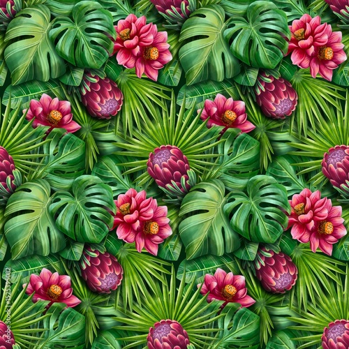 Tropical Parrot and Exotic Flowers Seamless Pattern. Bright seamless tropical pattern with parrot, lotus, protea, strelitzia, and palm leaves. Perfect for textile, packaging, branding, summer product