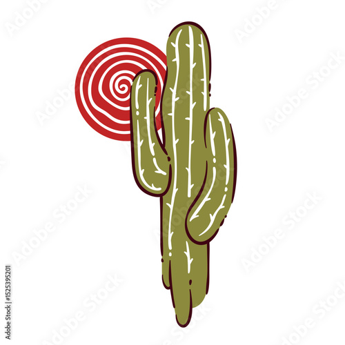 Tall desert cactus with green stems and white thorns, standing next to a red spiral sun. Playful cartoon doodle style. Vector illustration for western design, stickers, kids projects, or summer decor.