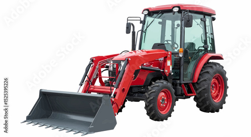 High-quality vector image of a red compact tractor with a front-end loader attachment. It features a closed cab, large tires, and a gray toothed bucket, all in fine detail against a white background.