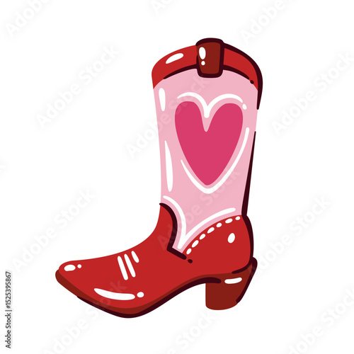 Cowgirl boot in red and pink with big heart on the shaft, glossy shine and cute western style. Perfect for girly rodeo theme, stickers, kids prints or fashion decor. Vector illustration.