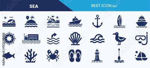 Best sea icon set collection. Seashore, ship, boat, lighthouse, flip flops, island and vector illustration.