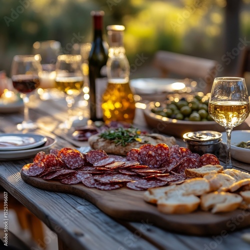 A golden hour feast: Salami, bread, and wine on a rustic wooden table amidst olive bowls, with bokeh-lit bottles promising a delightful gathering under the soft evening light.
