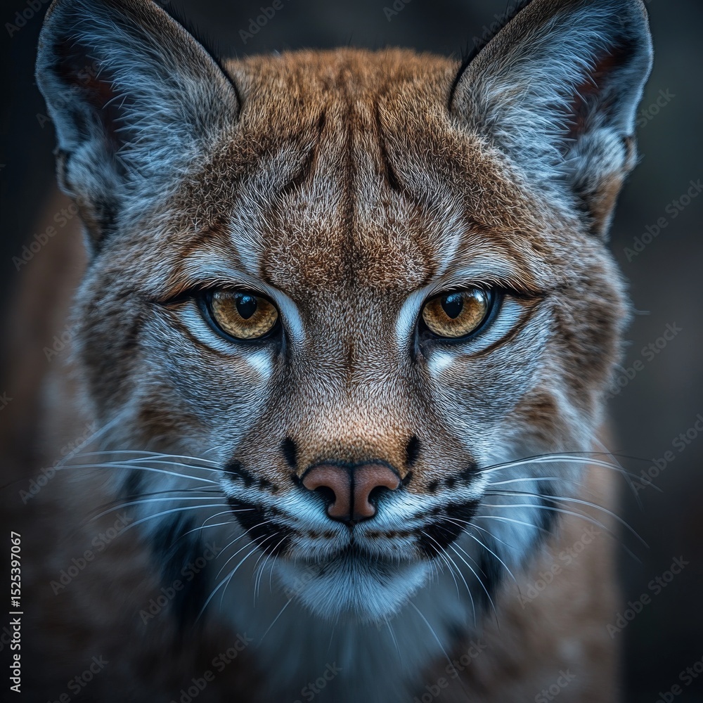 Naklejka premium A Striking Portrait of a Lynx: Intense Gaze and Detailed Fur Texture Capturing the Essence of this Wild Cat, A captivating close-up highlighting its mesmerizing features.