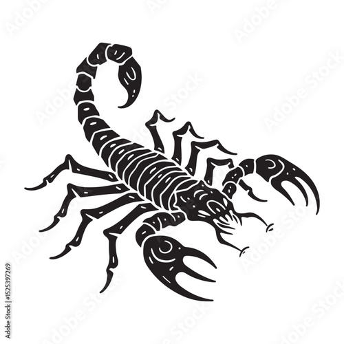 Scorpion vector illustration with black silhouette isolated on white background showing stinger and claws in tattoo styleScorpion vector illustration with black silhouette isolated on white background