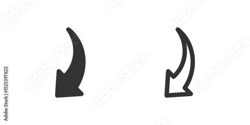 Curved down left arrow icon set. Suitable for navigation, user interface elements, and data flow indicators. Symbol of undo, previous, and diagonal direction.