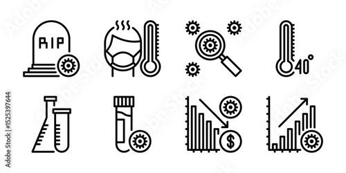 Health Symptoms, Diagnostics, and Research Icon Set. Fever, Test Tube, and Data Chart Icons. Vital for medical testing, analysis, and illness tracking.