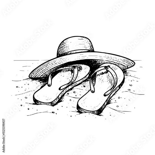 Beach scene with straw hat and flip-flops sketched for summer vacation illustrations