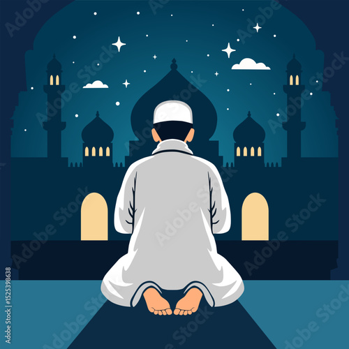 Islamic Illustration of a Muslim Man Praying and in Front of Him There is a Mosque