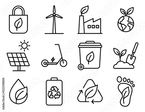 Collection of linear eco icons for sustainability themes. Editable stroke.