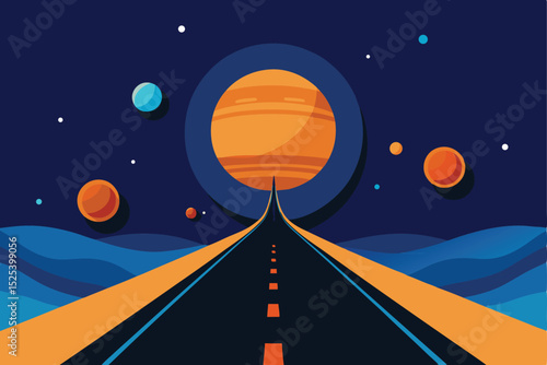 Surreal space road illustration with planets and stars, futuristic highway leading into outer space in vibrant vector style

