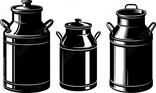 Silhouette of vintage milk cans with side handles and lids in black vector style ideal for dairy farming concepts, rustic kitchen decor, agricultural icons, and retro countryside illustrations