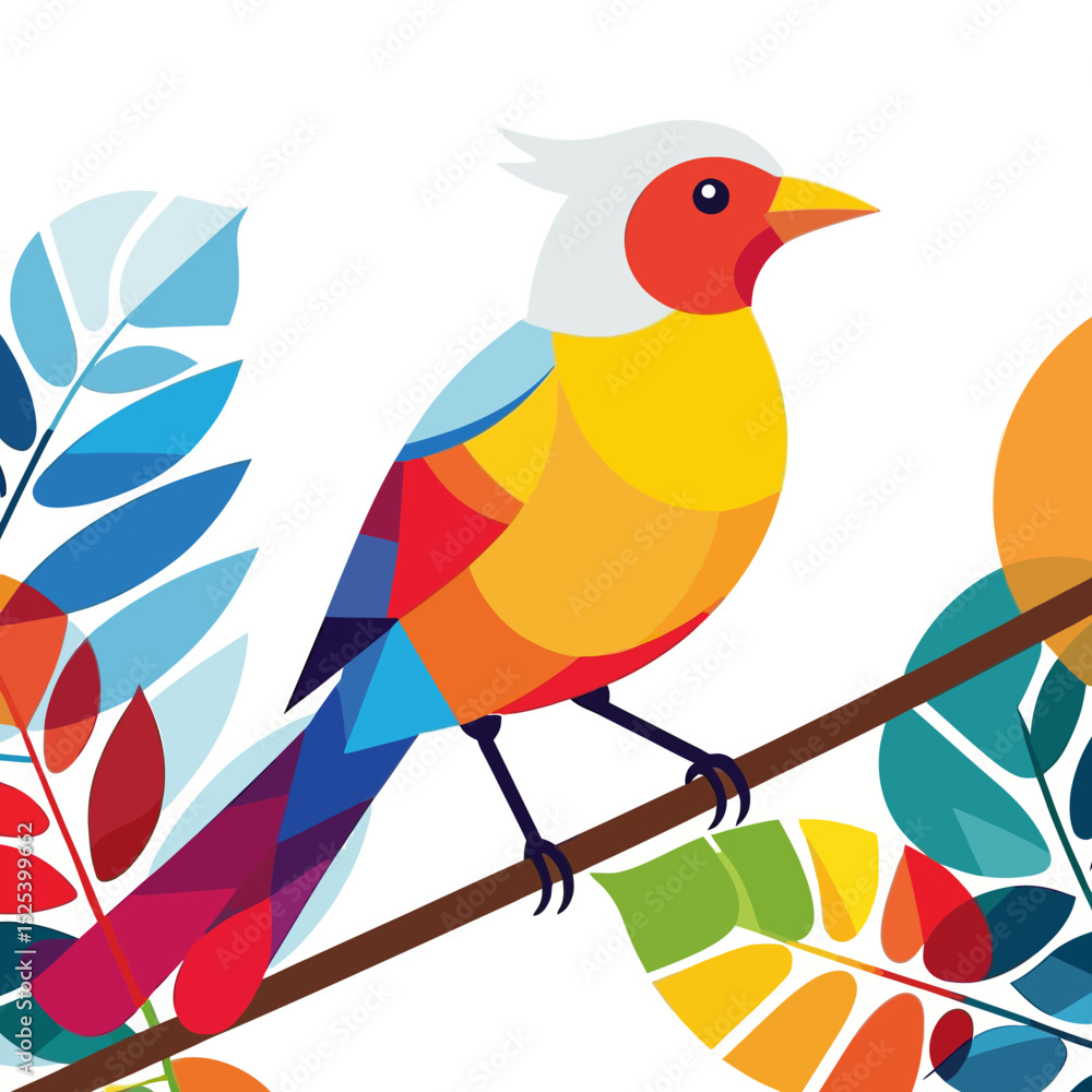 Colorful Bird Illustration-Geometric Design-Tropical Bird Art-Bright Palette Bird on Branch-Modern Avian Artwork-Unique Bird Decor-Abstract Bird Image Colorful Bird Illustration-Geometric Design-Tropical Bird Art-Bright Palette Bird on Branch-Modern Avian Artwork-Unique Bird Decor-Abstract Bird Image