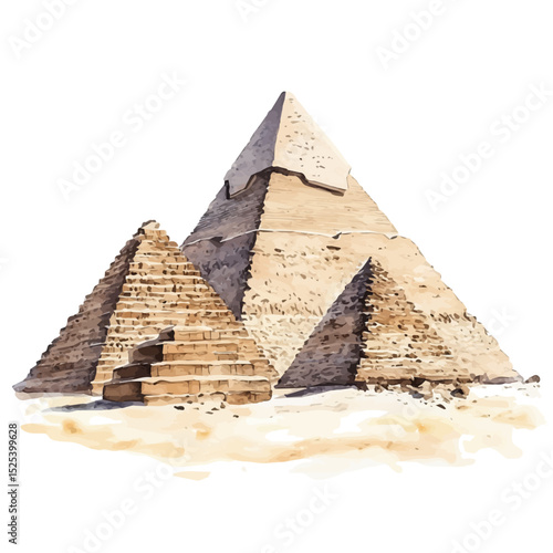 Egyptian Pyramids, watercolor drawing vector, high quality, isolated on a white background.