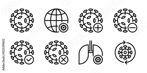 Virus and Infection Status Icon Set. Ideal for medical presentations, public health campaigns, and scientific research. Covers virus particles, global impact, test results, and affected organs.