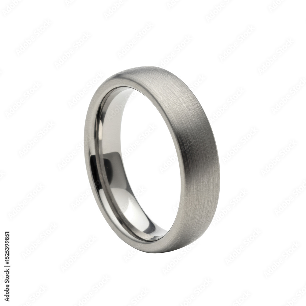 A single men's titanium wedding band with a sleek, contemporary matte finish and clean edges, perfectly centered against a transparent studio infinity cove background with shadowless lighting, shot A single men's titanium wedding band with a sleek, contemporary matte finish and clean edges, perfectly centered against a transparent studio infinity cove background with shadowless lighting, shot