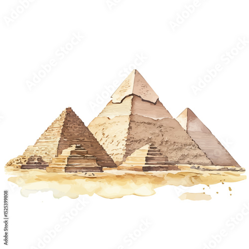 Egyptian Pyramids, watercolor painting vector, high quality, isolated on a white background.