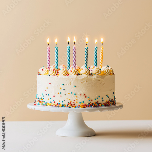 Beautiful birthday cake with burning candles on stand against festive lights. AI generation.