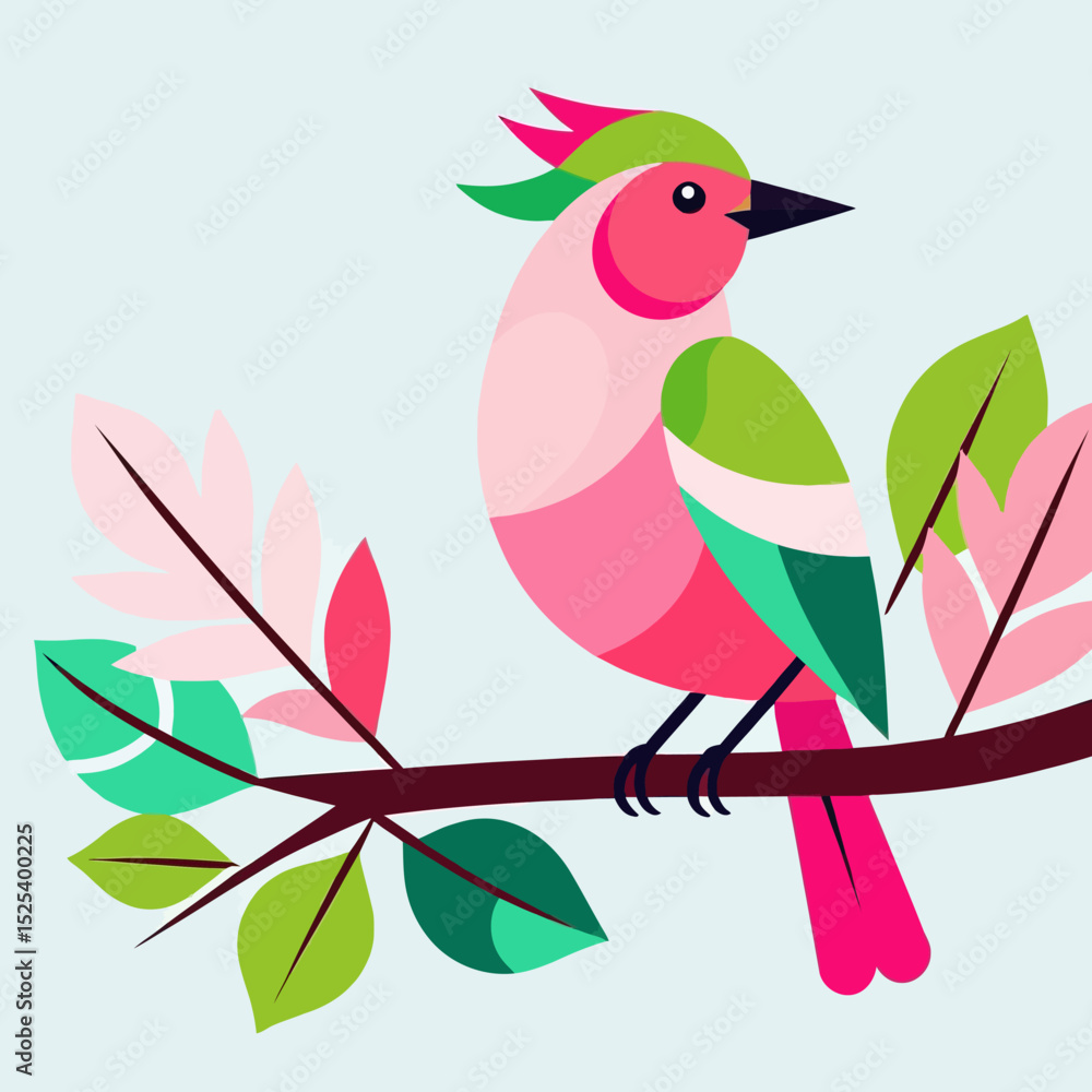 Obraz premium Colorful Bird Illustration-Geometric Bird Art-Pink and Green Bird on Branch-Modern Bird Design-Vibrant Bird Artwork-Nature Inspired Graphics-Stylish Bird Image