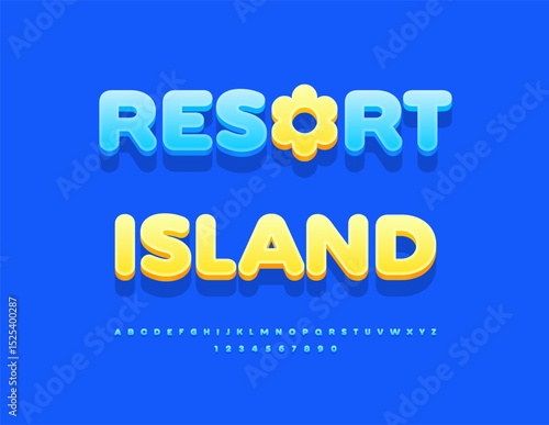 Vector Travel flyer Resort Island with Creative Sun. Blue Round Font. Classic Uppercase Alphabet Letters and Numbers set.