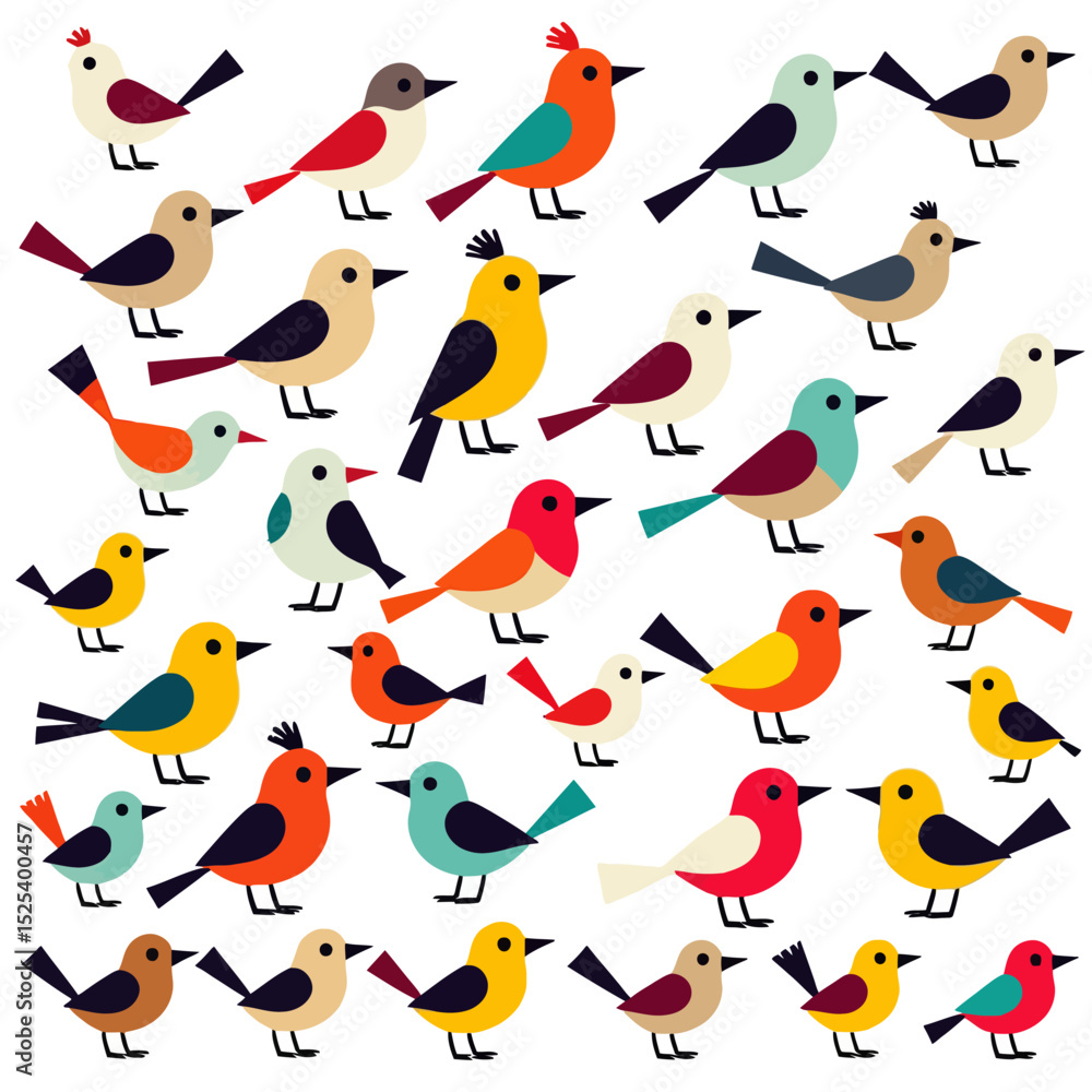 Obraz premium Colorful Bird Pattern Background- Whimsical Bird Illustration Art- Cute Bird Design for Prints and Crafts- Playful Bird Motif for Creative Projects