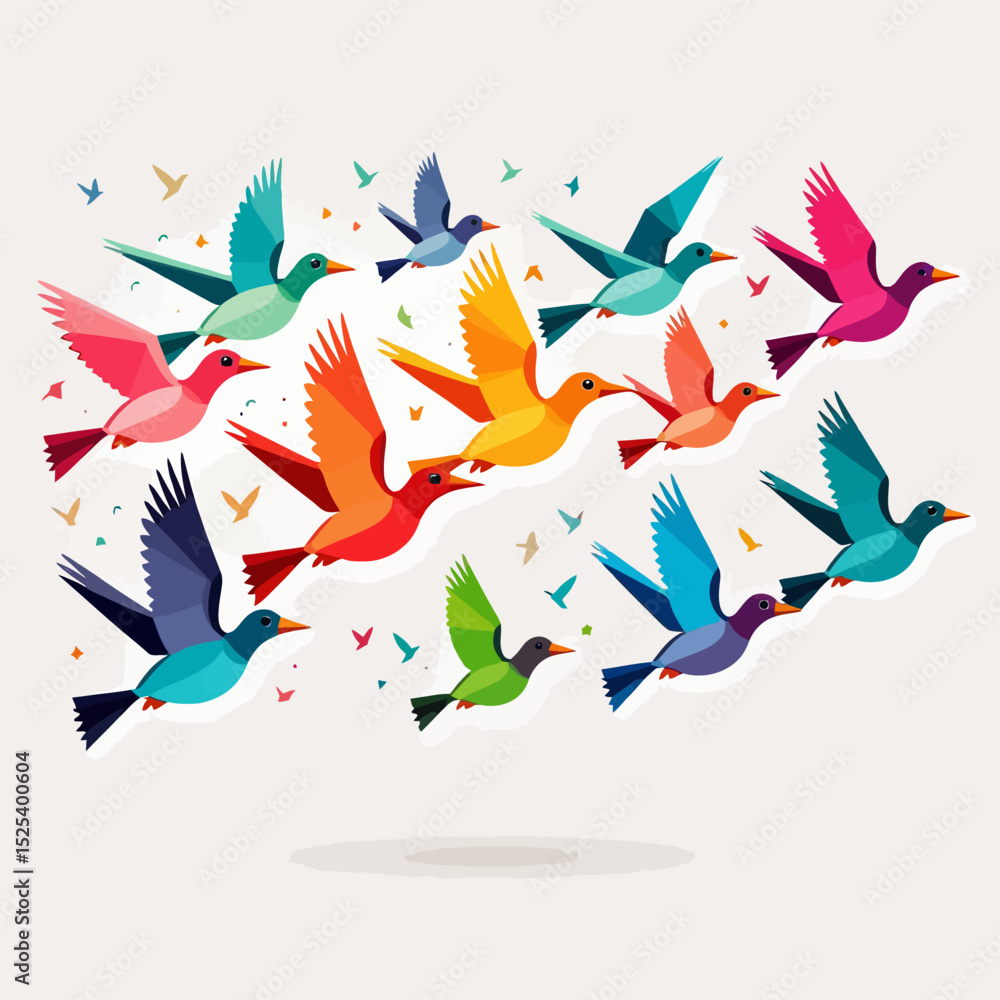 Fototapeta premium Colorful Birds in Flight Illustration - Abstract Bird Art - Graphic Design with Vibrant Bird Silhouettes for Wall Art Decor - Nature Inspired Digital Art